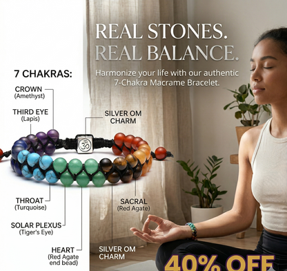 Advertisement for a 7-Chakra Macrame Bracelet with a woman meditating and product details.