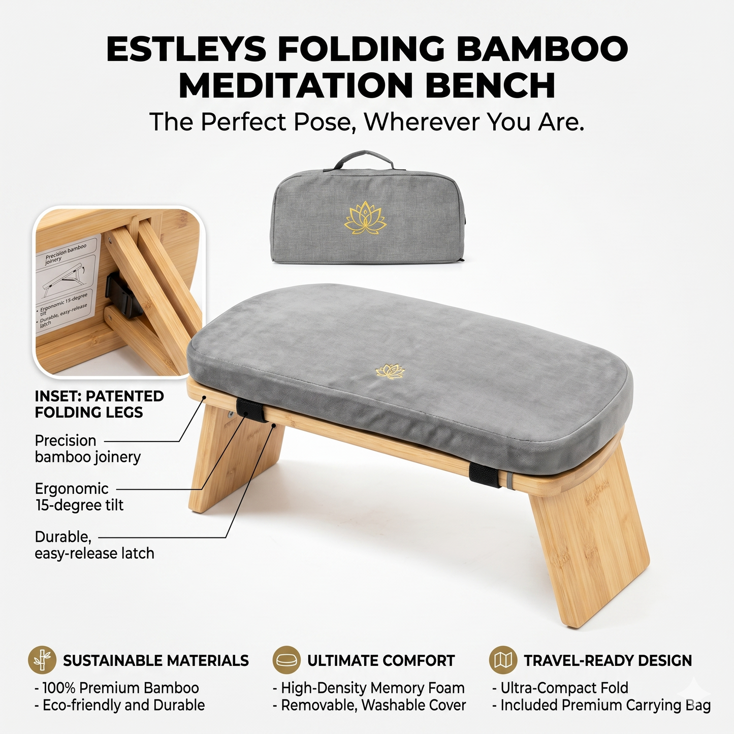 Estleys Folding Bamboo Meditation Bench with Carrying Bag