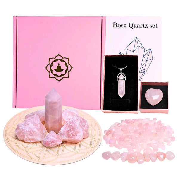 Authentic Rose Quartz Crystal Grid Set (Includes Heart & Necklace)
