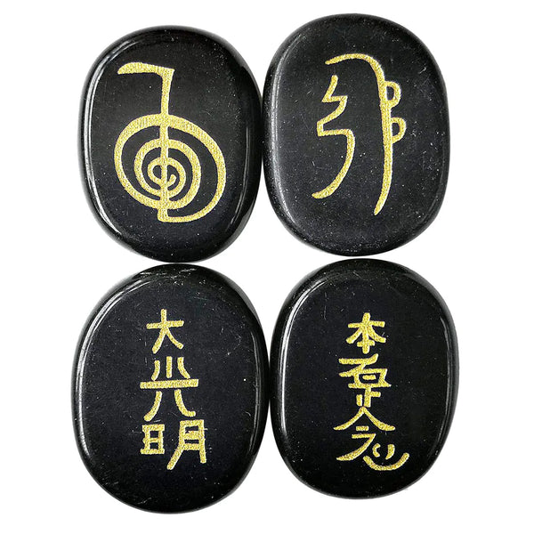 Natural Black Obsidian Reiki Symbols Set (25mm Palm Stones)