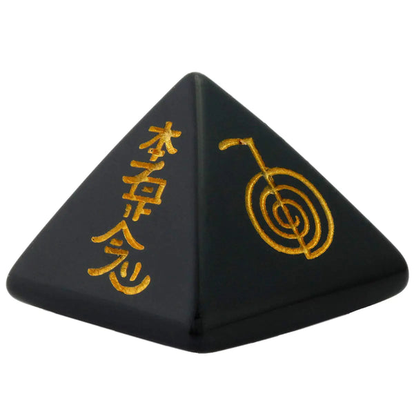 Handcrafted Obsidian Reiki Pyramid with 4 Sacred Symbols